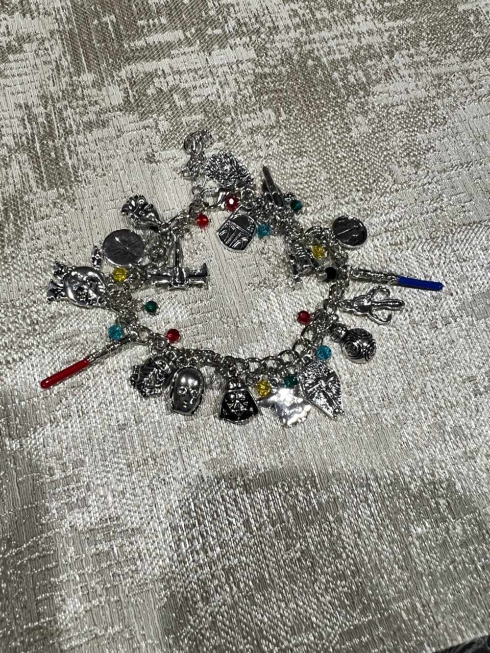 Silver Tone Star Wars Charm Bracelet w/ Multicolor Beads, Lobster Clasp